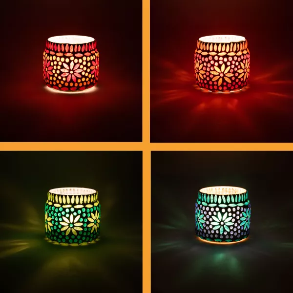Rund Bunt Set Glas/Metall Teelichthalter | 4er | Windlicht Ajub Orientalische Windlichter Mosaik aus Orientalisches